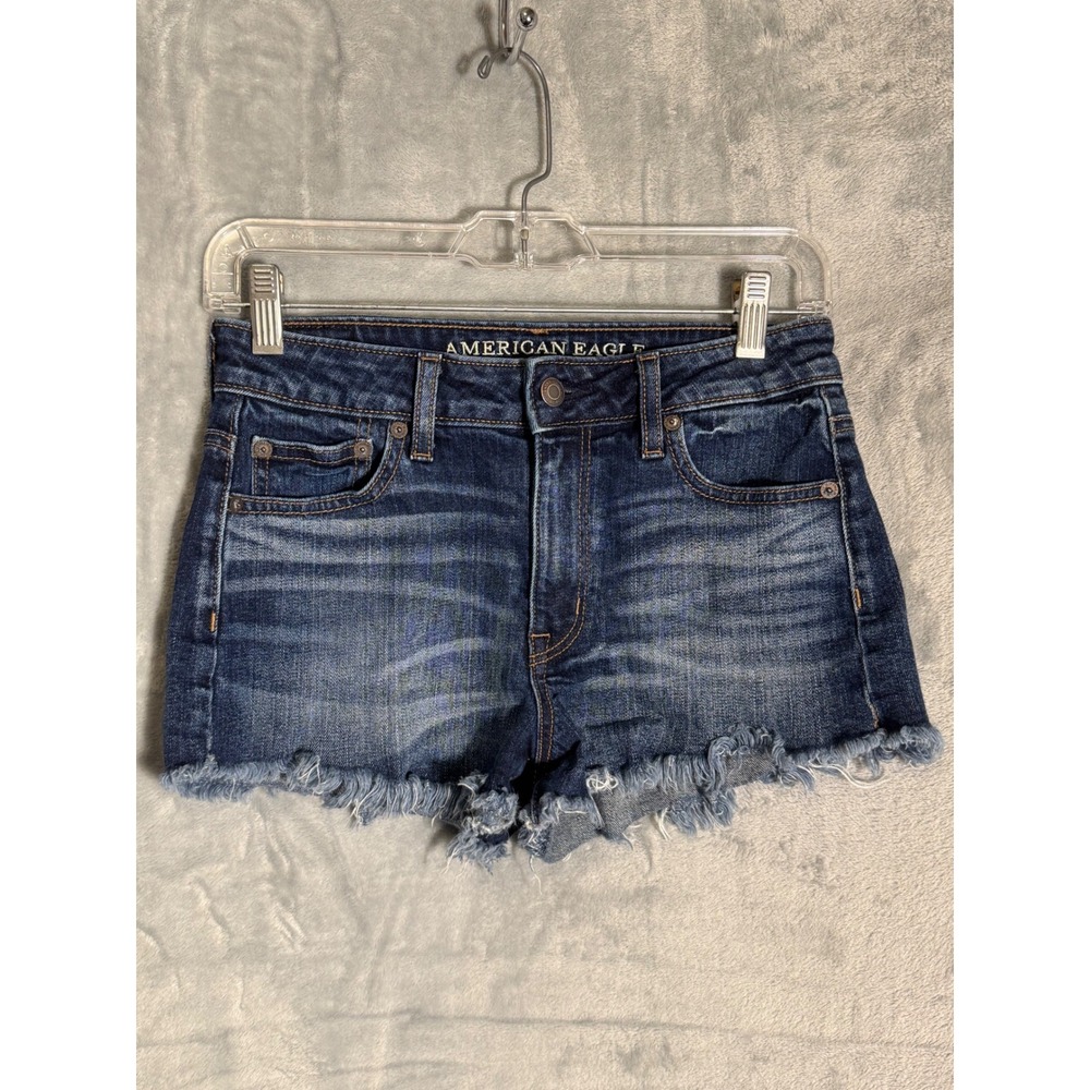 American Eagle Vintage Hi-Rise Festival Denim Shorts Dark Wash Frayed Hem Size 0